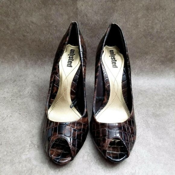 Unlisted Womens Stylish 76154 Size 6 Brown Peep Toe Croc Pattern 3.5" Heels Pump - Picture 2 of 9